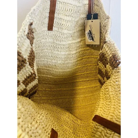 Universal Thread Straw Packable Checker Boxy Tote Beige NWT Summer Bag - Picture 7 of 10